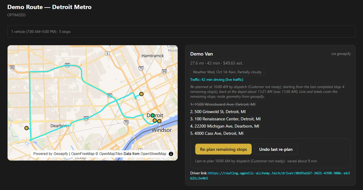 Waypoint plan page showing a Detroit delivery route on the map, the forecast weather, a traffic-based drive time, the stop order and the re-plan button